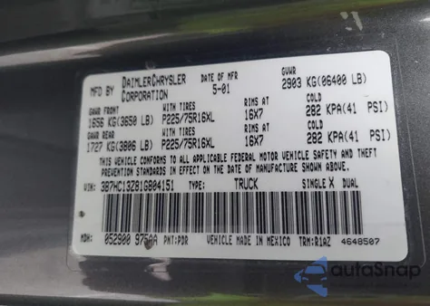2001 Dodge Ram 1500 St z USA, uszkodzony, nr VIN 3B7HC13Z81G804151